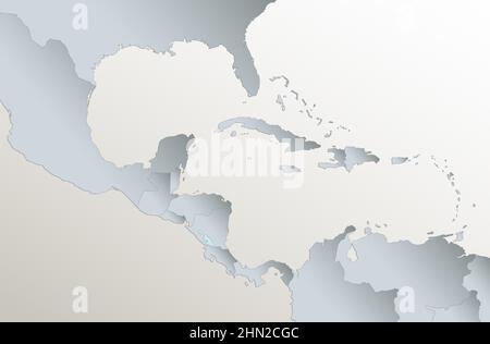 Isole Caraibi e mappa dell'America Centrale, stati e isole, carta blu bianca 3D, vuota Foto Stock