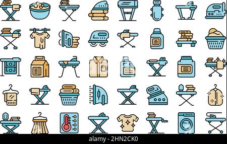 Le icone dell'asse da stiro impostano il vettore di contorno. Panno per lavanderia. Tessuto domestico Illustrazione Vettoriale