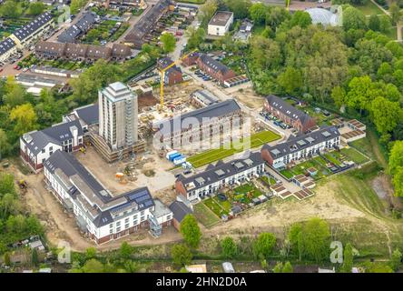 Fotografia aerea, cantiere e nuova costruzione di edifici residenziali am Schacht IV, Kursana Domizil Oberhausen, Klosterhardt, Oberhausen Foto Stock