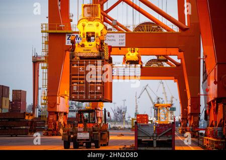 Gdynia, Polonia. 13th Feb 2022. Il contenitore visto essere caricato sulla nave container Navarino Hong Kong presso il terminal dei container Baltici di Gdynia. (Foto di Mateusz Slodkowski/SOPA Images/Sipa USA) Credit: Sipa USA/Alamy Live News Foto Stock