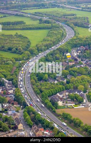 Vista aerea, ingorghi sull'autostrada A3, Alstaden, Oberhausen, zona della Ruhr, Renania settentrionale-Vestfalia, Germania, autostrada A3, DE, Europa, fotogr aereo Foto Stock