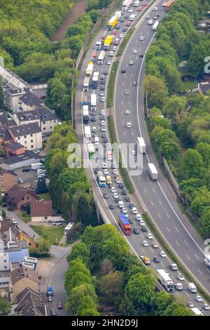 Vista aerea, ingorghi sull'autostrada A3, Alstaden, Oberhausen, zona della Ruhr, Renania settentrionale-Vestfalia, Germania, autostrada A3, DE, Europa, fotogr aereo Foto Stock