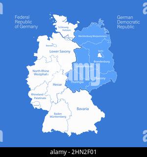 Mappa della Germania divisa su mappa dell'ovest e dell'est, divisioni amministrative con nomi di regioni, vettore blu di sfondo Illustrazione Vettoriale