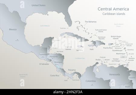 Isole Caraibi e mappa dell'America Centrale, stati e isole e capitali con nomi, carta bianca blu 3D vettore Illustrazione Vettoriale