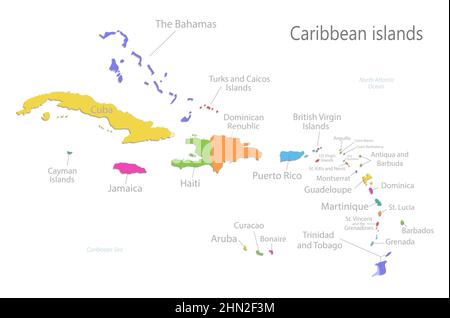 Mappa delle isole caraibiche, isola con nomi, mappa dei colori isolata su sfondo bianco vettore Illustrazione Vettoriale
