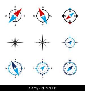 Icone relative a bussola, turismo e viaggi. Set di icone vettoriali sottili. Illustrazione Vettoriale