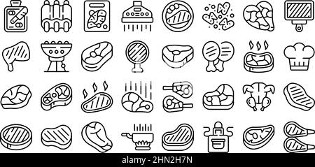 Le icone di taglio impostano il vettore di contorno. Costolette di carne. Pancetta di maiale Illustrazione Vettoriale