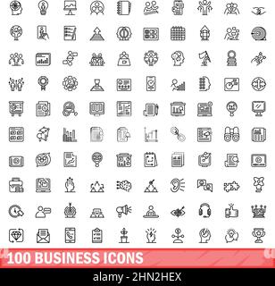 100 icone business impostate. Illustrazione di un vettore di 100 icone business isolato su sfondo bianco Illustrazione Vettoriale