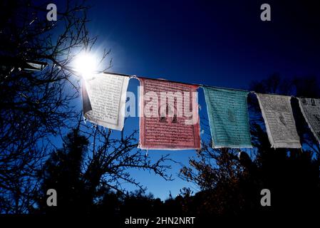 Bandiere di preghiera tibetane fuori dal negozio di articoli da regalo al progetto Tibet a Santa Fe, New Mexico. Foto Stock