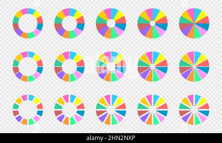 Set di grafici a torta e ciambella. Diagrammi infografici a cerchio suddivisi in 12 sezioni uguali di colori diversi. Forme rotonde tagliate in dodici parti isolate su sfondo trasparente. Illustrazione piatta vettoriale. Illustrazione Vettoriale