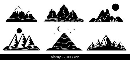 Montagne nero silhouette glyph contorno set. Deserto, collina innevata, vulcano. Icone e logo per le aziende. Design per intestazione sito web, banner, bottiglie d'acqua e prodotti. Illustrazione vettoriale Illustrazione Vettoriale