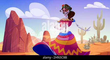 Giornata messicana dei morti sfondo con scheletro danza nel deserto. Illustrazione vettoriale del paesaggio desertico in Messico con sabbia, rocce, cactus e donna spooky, Calavera Catrina Illustrazione Vettoriale