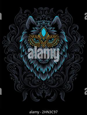 illustrazione testa di lupo con ornamento da incisione vintage Illustrazione Vettoriale