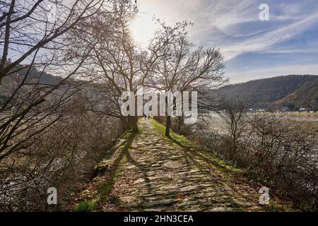 San Goarshausen, Germania. 12th Feb 2022. Passeggiando attraverso un molo sul Reno vicino a St.Goarshausen, si raggiunge la statua di Loreley. La Valle del Patrimonio Mondiale auspica cambiamenti positivi dal Federal Garden Show (Buga) previsto qui nel 2029. Il Loreley sarà un punto di riferimento centrale per la mostra decentrata dei fiori. (A dpa: E lei ha pettinato i suoi capelli d'oro - New Loreley Wanted) credito: Thomas Frey/dpa/Alamy Live News Foto Stock