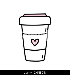 Una tazza di caffè carina per essere isolata su sfondo bianco. Illustrazione vettoriale disegnata a mano in stile doodle. Perfetto per San Valentino disegni, carte, logo, decorazioni. Illustrazione Vettoriale