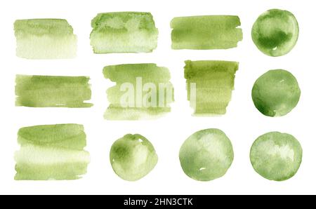 Set di macchie astratte di acquerello e pennellate di colore verde isolate su sfondo bianco. Macchie di vernice rotonde e rettangolari. Foto Stock