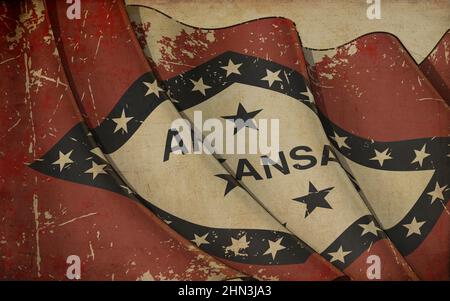 Illustrazione di sfondo di una vecchia carta con una stampa di una bandiera ondeggiante dello Stato dell'Arkansas Foto Stock