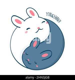 Coniglietto Yin yang. Due simpatici conigli bianchi e neri a forma di yin yang. Può essere utilizzato per la stampa di t-shirt, adesivi, biglietti d'auguri. Vettore illus Illustrazione Vettoriale