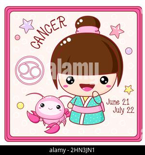 Zodiac cancro segno carattere in stile kawaii. Carino chibi bambina in kimono. Carta quadrata con simbolo zodiaco, data di nascita e bambina cartoon. V Illustrazione Vettoriale