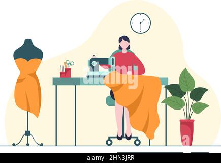 Personalizza con cucire, stoffa, pintushion, thread, Fashion Designer, Seamstress, forbici e misurazione per fare vestiti in Flat background Illustrazione Illustrazione Vettoriale