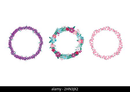Cornici rotonde floreali isolate su sfondo bianco. Set vettoriale di corone con lavanda, fiori di prato e fiore Sakura. Flat vignette floreali illust Illustrazione Vettoriale
