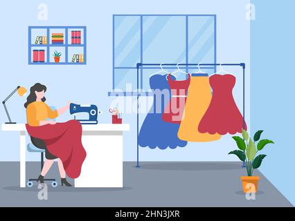 Personalizza con cucire, stoffa, pintushion, thread, Fashion Designer, Seamstress, forbici e misurazione per fare vestiti in Flat background Illustrazione Illustrazione Vettoriale