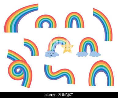 Set di variopinti arcobaleni. Collezione vettoriale di arcobaleni carini con 7 colori, nuvole e stelle. Diverse forme per il design dei bambini. Illustrazione piatta. Illustrazione Vettoriale