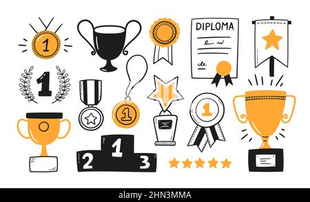 Premi, coppe trofei, medaglie al primo posto e vincitori del podio. Medaglia d'oro Doodle e coppa di trofei campione. Icone decorative disegnate a mano. Vettore Illustrazione Vettoriale