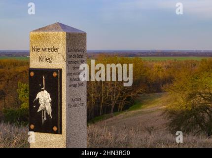 13 febbraio 2022, Brandeburgo, Dolgelin: Un obelisco con l'iscrizione 'mai più guerra - in memoria delle vittime dell'aprile 1945 a cui è stato negato un luogo dignitoso di riposo - Reminder per tutti i tempi' sta in memoria delle vittime della seconda guerra mondiale su un pendio verso l'Oderbruch vicino Seelow. 77 anni fa, l'Oderbruch divenne l'area più devastata della Germania. Per quattro giorni, la sanguinosa battaglia per le alture di Seelow si svolse qui: L'Esercito Rosso incontrò feroce resistenza da parte del Wehrmacht tedesco sul suo cammino verso Berlino. Poco prima della fine della seconda guerra mondiale, decine di migliaia Foto Stock