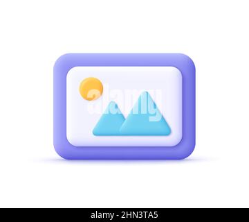 Immagine, foto, file jpg. Montagne e sole paesaggio. Immagine in una cornice. 3d icona vettore. Stile minimal cartoon. Illustrazione Vettoriale