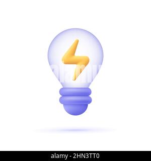 Lampadina con simbolo del fulmine. Elettricità ed energia. 3d icona vettore. Stile minimal cartoon. Illustrazione Vettoriale