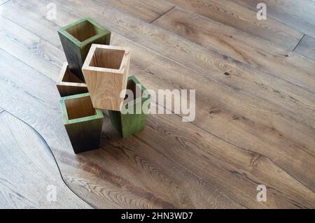 Pentole di legno alto fiore in legno naturale interno con mobili in legno naturale e pavimento in rovere Foto Stock