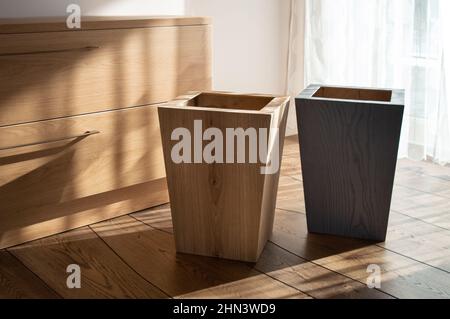 Pentole di legno alto fiore in legno naturale interno con mobili in legno naturale e pavimento in rovere Foto Stock