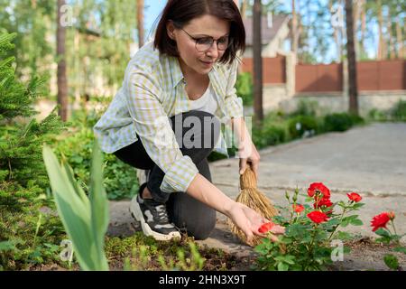 Donna che spazzava con una scopa nel cortile Foto Stock