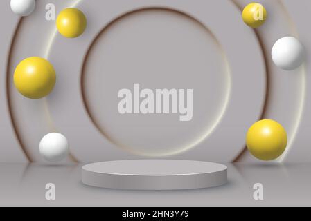 Podio con forme geometriche volanti astratte. Sfondo moderno per il design del prodotto. Scena minimale alla moda. 3d rendering, illustrazione 3d Illustrazione Vettoriale