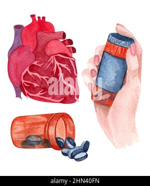 Raccolta disegnata a mano di elementi di assistenza medica. Acquerello insieme di malattie cardiache, pillole, mano della donna che tiene la scatola della pillola. Foto Stock