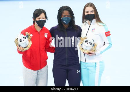 Pechino, Cina. 13th Feb 2022. (L-R) Miho Takagi (JPN), Erin Jackson (USA), Angelina Golikova (ROC) Speed Skating : Donna 500m durante i Giochi Olimpici invernali di Pechino 2022 al National Speed Skating Oval a Pechino, Cina . Credit: YUTAKA/AFLO SPORT/Alamy Live News Foto Stock