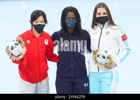 Pechino, Cina. 13th Feb 2022. (L-R) Miho Takagi (JPN), Erin Jackson (USA), Angelina Golikova (ROC) Speed Skating : Donna 500m durante i Giochi Olimpici invernali di Pechino 2022 al National Speed Skating Oval a Pechino, Cina . Credit: YUTAKA/AFLO SPORT/Alamy Live News Foto Stock