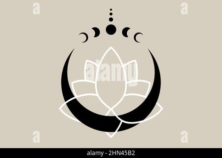 Fiore di Loto sulla Luna Crescent, fasi della Luna mistica, geometria Sacra. Mezza luna pagana Wiccan simbolo della dea, silhouette wicca modello logo, energia Illustrazione Vettoriale