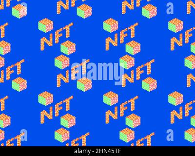 Testo isometrico NFT token pixel ART con pattern cubico senza giunture. Token non-fungibile NFT. Arte digitale nella tecnologia blockchain. Design per striscioni e pr Illustrazione Vettoriale