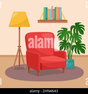 Soggiorno interno. Poltrona, ripiano con libri, lampada da pavimento e casalinga, illustrazione vettoriale Illustrazione Vettoriale