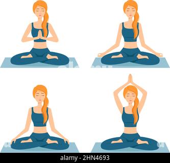 Set di donne meditanti. Ragazze in posizione di loto che praticano yoga, illustrazione vettoriale Illustrazione Vettoriale