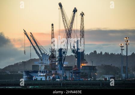 Ringaskiddy, Cork, Irlanda. 14th Febbraio, 2022. Le gru portuali interrate sono impegnate a scaricare il portarinfuse Falcon Triumph con un carico di grano proveniente dall'Argentina, presso il molo d'acqua profonda di Ringaskiddy, Co. Cork, Irlanda. - Credit; David Creedon / Alamy Live News Foto Stock