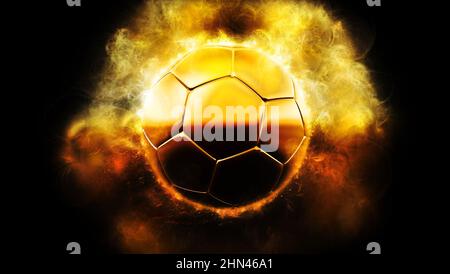 Palla da calcio dorata con fuoco ed effetto ad alta energia, 3D illustrazione resa come sfondo sportivo Foto Stock