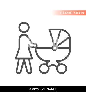La madre che spinge il passeggino o il pam del bambino. Icona vettoriale con contorno, tratto modificabile. Illustrazione Vettoriale