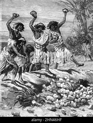 Morte per lapidazione in Somalia Africa. Annata Illustrazione o incisione 1882 (Castelli) Foto Stock