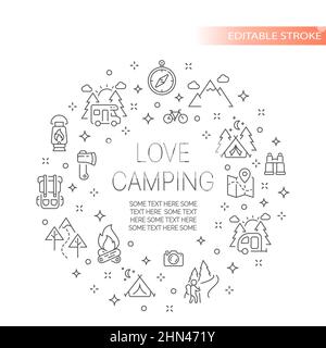 Modello banner campeggio amore, tratto modificabile. Escursioni, turismo contorno icona set. Illustrazione Vettoriale