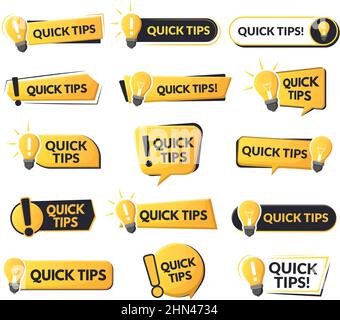 Suggerimenti rapidi emblemi utili, soluzione di problemi o consigli di parole bolle. Trucchi e suggerimenti utili set di simboli vettoriali astratti. Suggerimenti rapidi trucco Illustrazione Vettoriale