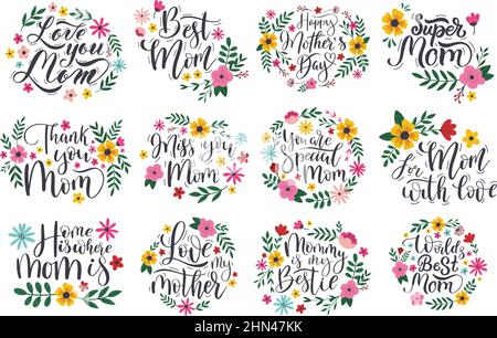 Le citazioni del giorno delle madri, i biglietti d'auguri gli elementi. Felice Mothers giorno Calligraphy lettere frasi vettore illustrazione set. Giornata delle madri disegnate a mano Illustrazione Vettoriale