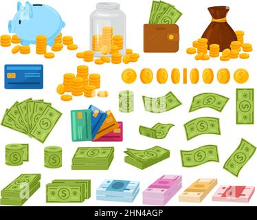 Cartoon denaro, bollette del dollaro, monete e denaro contante wad. Piggy banca e sacco con monete pieno di denaro vettore illustrazione set. Portafoglio con contanti e credito Illustrazione Vettoriale